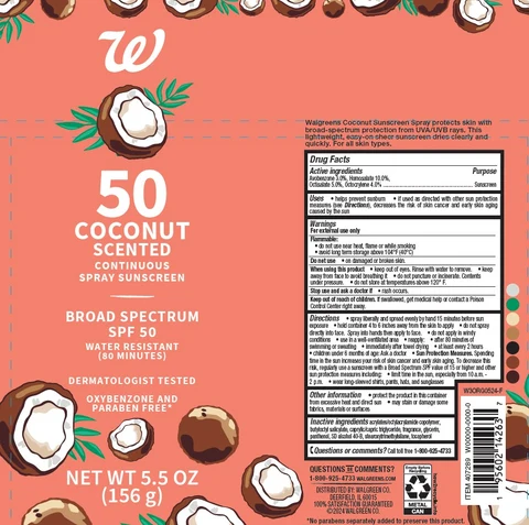 Walgreens 50 Coconut Scented Continuous Sunscreen 포장