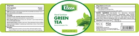 Kleen Hand Sanitizer Green Tea 500ml Label
