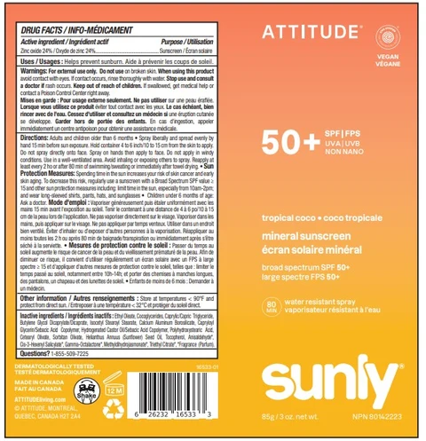 ATTITUDE Sunly Mineral sunscreen Sprayer SPF 50 Tropical coco 포장