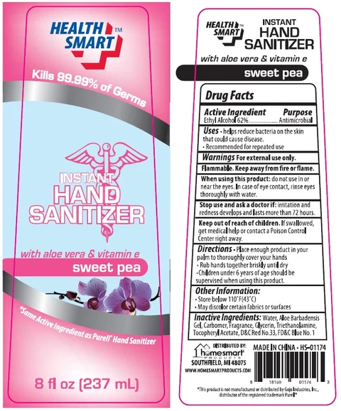 Health Smart Instant Hand Sanitizer with aloe vera and vitamin e sweet pea packaging